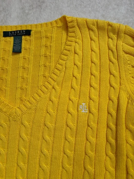 Lauren Ralph Lauren Cotton Bright Yellow V-neck Cable Knit Sweater - Picture 10 of 12
